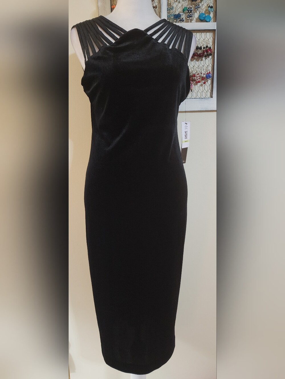 Nicole Miller Black Stretch Velour Cage Bodycon Midi Dress Size 4